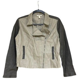 EILEEN FISHER Linen Stone Colorblock Zip Moto Jacket Size Petite Medium PM
